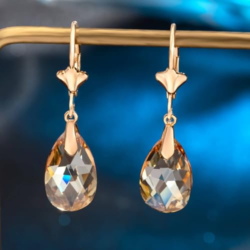 Austrian Crystal Teardrop Leverback Dangle Earrings for Women Fashion 14K Gold Plated Hypoallergenic Jewelry - color: Topaz