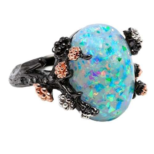 Henrietta Gothic Opal Ring for Women, Fantasy Promise Ring by Ginger Lyne | Simulated White Fire Opal, Cubic Zirconia Black Rose Gold Plated Bold Jewelry Statement Piece For Engagements, Gifts & Events - color: Green
