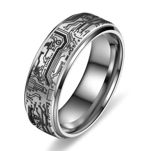 Tungsten Ring 8mm Computer Circuit Pattern Ring Black/Gold/Silver Tungsten Carbide Wedding Band for Men Comfort Fit - color: Silver