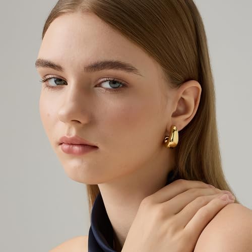 FRUMOS 18K Gold Plated Chunky Hoop Earrings for Women Fashion Thick Gold Hoops Set Jewelry for Birthday Christmas Gifts - color: Teardrop Earrings