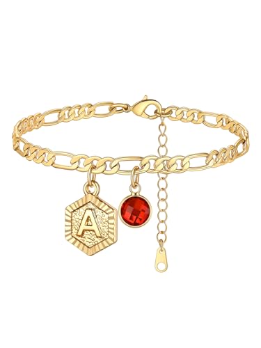 Custom4U Personalized Initial Ankle Bracelets for Women 14K Gold Plated Dainty CZ Birthstone Hexagon Letter Initial Anklets for Women Adjustable Silver/Gold Foot Chain Summer Beach Jewelry Gifts - color: Gold Hexagon-A