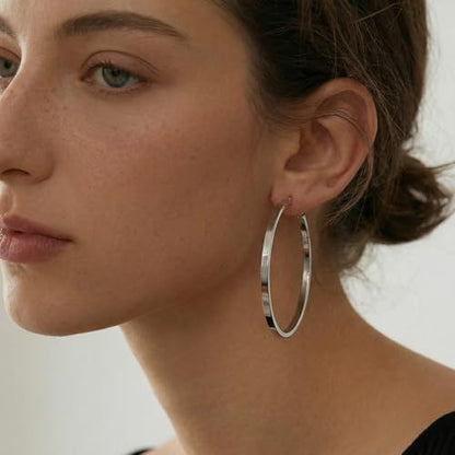 RoseJeopal 925 Sterling Silver Flat Hoop Earrings for Women 20/30/40/50MM | 14K White Gold Plated, Hypoallergenic, Lightweight, Flat Hoop, Jewelry Gift - color: Silver-50MM