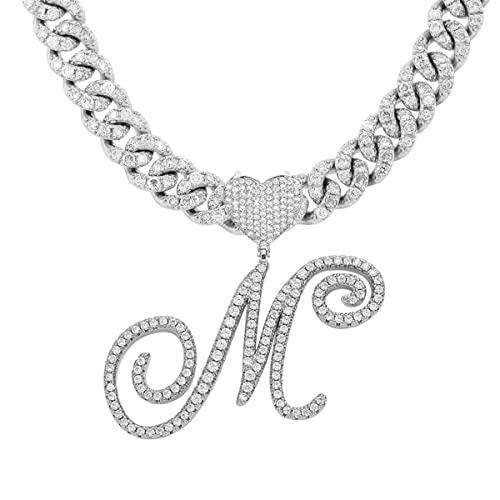 Initial Necklaces Silver Cuban Link Chain for Women Iced Out Chain with Heart Letter Pendants Custom Chain Name Necklace Hip Hop Jewelry Gift - color: M