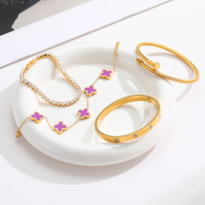 18K Gold Plated Bangle Bracelets Stack for Women,Four Leaf Clover Stackable Bracelets Non Tarnish,4 Pcs Jewelry sets Gifts - color: Purple