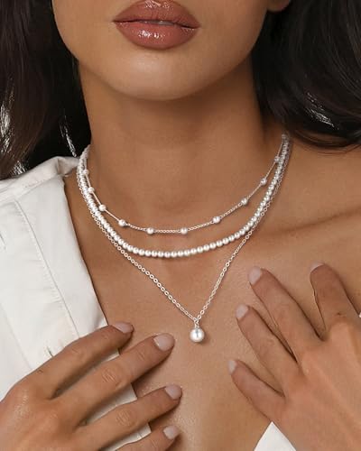 MJartoria Pearl Necklaces for Women, Dainty Layered Pearl Necklace Choker Trendy Jewelry Gifts for Wedding Birthdays Daily Wear - color: Silver