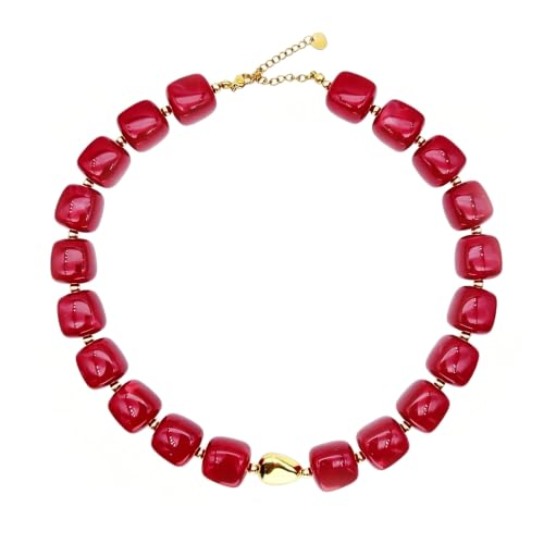 Red Beaded Necklace for Women Chunky Beaded Necklace Adjustable Acrylic Bead Choker Necklaces Big Statement Necklaces Jewelry Accessories - color: 15MMSquareBead EE