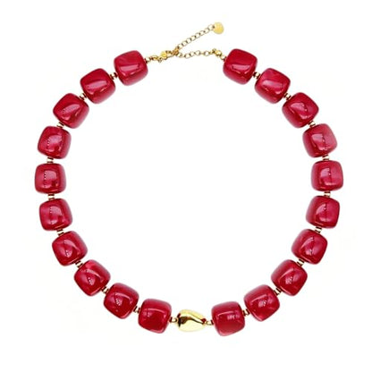 Red Beaded Necklace for Women Chunky Beaded Necklace Adjustable Acrylic Bead Choker Necklaces Big Statement Necklaces Jewelry Accessories - color: 15MMSquareBead EE
