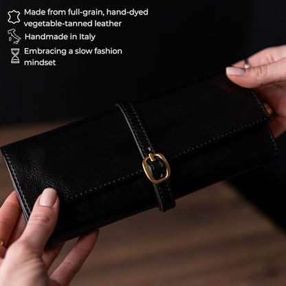 Time Resistance Leather Jewelry Roll - Full Grain Leather Travel Jewelry Case - Jewellery Organizer Made in Italy (Black) - color: Black