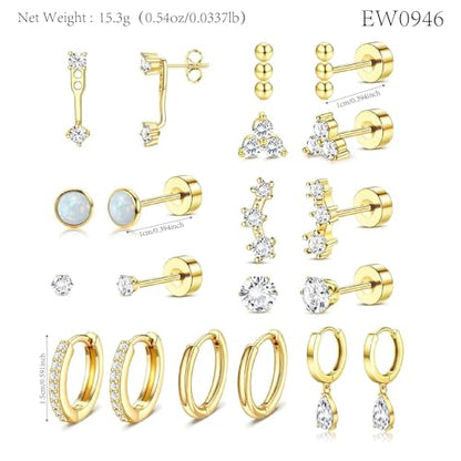 Stainless Steel Stud Earrings Set for Women Hypoallergenic Flat Back Cartilage Earrings Screw Back Huggie Hoop Earrings Multiple Piercing Cubic Zirconia Helix Tragus Jewelry - color: Set-F-14K Gold Plated