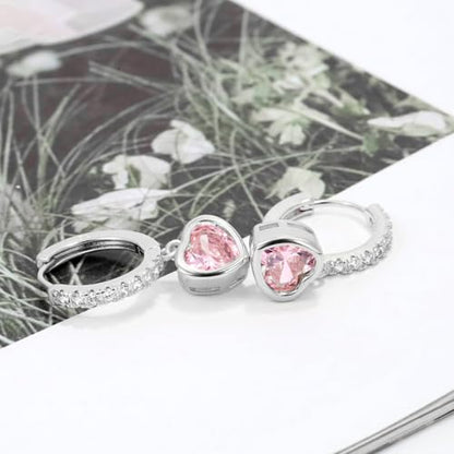 Heart Hoop Earrings with Dangle Sterling Silver Love Heart-Shaped Loop Earrings for Women Hypoallergenic Sparkle Birthstone Cubic Zirconia Hoop Earring with Dangling Charms Dainty Fashion Jewelry Gift - color: Pink