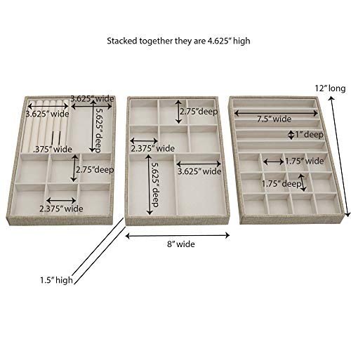 Household Essentials Stackable Jewelry Trays, 3 Varieties, Space for Necklaces, Rings and Earrings, Blended Canvas with Felt Interior, Perfect for Drawers and Closet Shelves, Latte - color: Latte