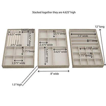 Household Essentials Stackable Jewelry Trays, 3 Varieties, Space for Necklaces, Rings and Earrings, Blended Canvas with Felt Interior, Perfect for Drawers and Closet Shelves, Latte - color: Latte