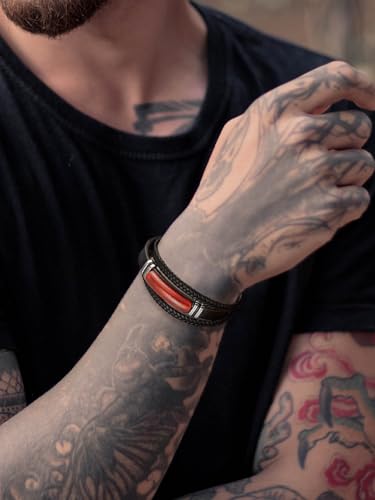 Mens Black Leather Obsidian/Turquoise/Tiger Eye/Red Agate Bracelet–Braided Multi‑Layer Wristband Cuff Bangle Bracelet with Stainless Steel Clasp Gift Jewelry Box Included - color: Red Agate, size: 8.3in(Fits most wrists)