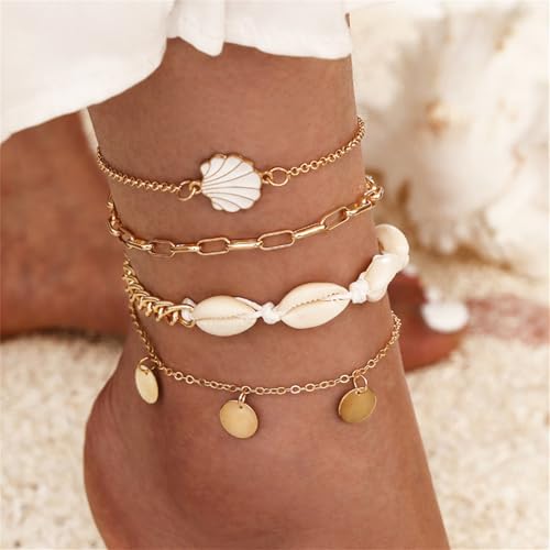 Shell Ankle Bracelet Set for Women,Boho Adjustable Beads Anklet Pack Natural White Shells Stack Stretch Seashell Pearl Starfish Bracelet Set Hawaiian Beach Vacation Foot Jewelry - style: D-Shell Disc 4Pcs