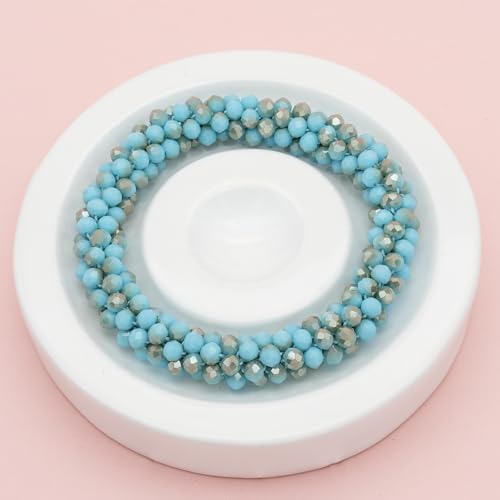 Hand Knotted Beads Statement Necklace Bracelet Jewelry Set Artificial Crystal Choker for Women- Handmade Beaded Strand Sparkly Faceted Crystal Rondelle-17inches, 30 Colors - color: Light Blue-Golden Set