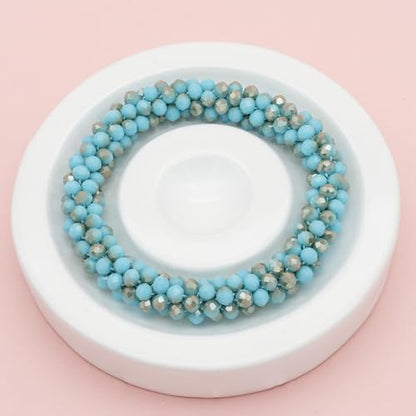 Hand Knotted Beads Statement Necklace Bracelet Jewelry Set Artificial Crystal Choker for Women- Handmade Beaded Strand Sparkly Faceted Crystal Rondelle-17inches, 30 Colors - color: Light Blue-Golden Set