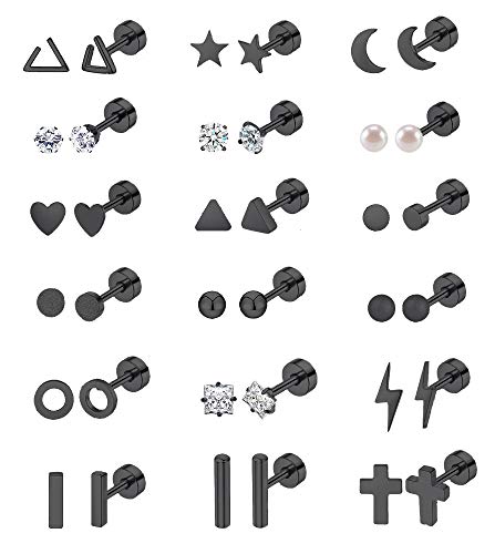 Staligue 18 Pairs Flat Back Earrings Set –Hypoallergenic 20G Surgical Steel | 18 Pairs Flat Back Earrings, 20G 0.8mm Surgical Steel Studs, Hypoallergenic Nickel Free, Cartilage Lobe Piercing Jewelry - color: Jet-black, size: 18 Sets