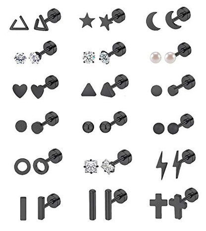 Staligue 18 Pairs Flat Back Earrings Set –Hypoallergenic 20G Surgical Steel | 18 Pairs Flat Back Earrings, 20G 0.8mm Surgical Steel Studs, Hypoallergenic Nickel Free, Cartilage Lobe Piercing Jewelry - color: Jet-black, size: 18 Sets