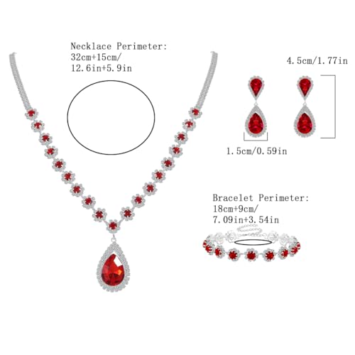 Silver Plated Necklace Earrings Bracelet Crystal Bridal Wedding Jewelry Sets for Wedding princess birthday party Halloween Prom Pageant Jewelry - color: 1-red