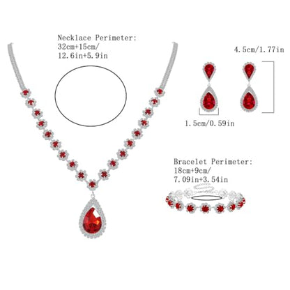 Silver Plated Necklace Earrings Bracelet Crystal Bridal Wedding Jewelry Sets for Wedding princess birthday party Halloween Prom Pageant Jewelry - color: 1-red