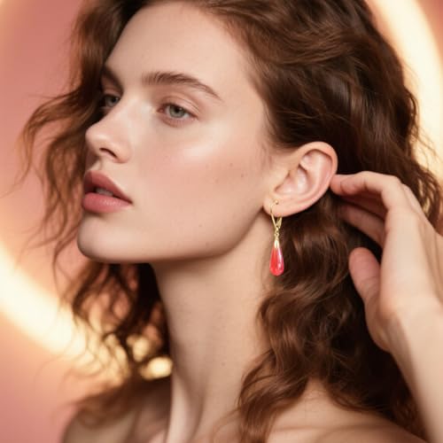Natural Waterdrop Stone Drop Earrings,Yellow Gold Plated Real Genuine Teardrop Crystal Quartz Gemstone Dangle Earrings for Women Her - color: B04_Red Quartz Jasper