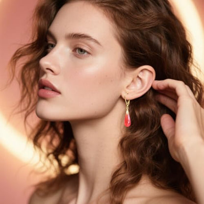 Natural Waterdrop Stone Drop Earrings,Yellow Gold Plated Real Genuine Teardrop Crystal Quartz Gemstone Dangle Earrings for Women Her - color: B04_Red Quartz Jasper