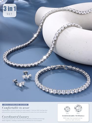 Jstyle 925 Sterling Silver Jewelry Set for Women - Dainty Tennis Necklace Bracelet Earrings Set Hypoallergenic Rhinestone Wedding Jewelry Sets for Brides Bridesmaids Crystal Prom Costume Accessories - color: Style A: Silver