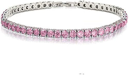 Savlano 14K Gold Plated Cubic Zirconia Round 4MM Classic Tennis Bracelet For Women - style: Pink