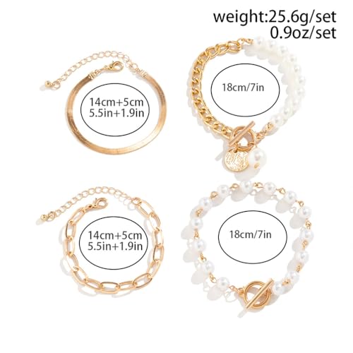 Gold Silver Beaded Pearl Bracelets Stacked for Women Coin Chain Accessories | Statement Stack OT Buckle Bracelet, Charm Stackable Pearls Coins Drop Paperclip Link, Fashion Layered Prom Party Jewelry Gift - color: Gold