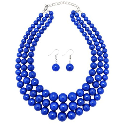 Simulated Pearl Necklace & Earring Set, Multi Strand - color: Royal Blue