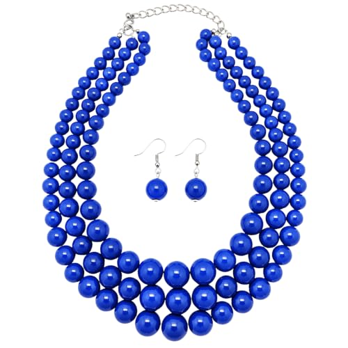 Simulated Pearl Necklace & Earring Set, Multi Strand - color: Royal Blue