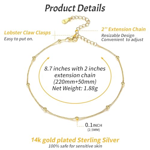ChicSilver 925 Sterling Silver Ankle Bracelet for Women, Simple Cuban Link/Figaro/Twist Rope Chain Anklets for Beach Party(with Gift Box) - style: 05: Bead Chain-Gold