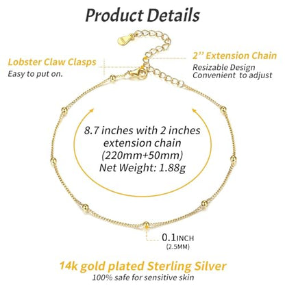 ChicSilver 925 Sterling Silver Ankle Bracelet for Women, Simple Cuban Link/Figaro/Twist Rope Chain Anklets for Beach Party(with Gift Box) - style: 05: Bead Chain-Gold