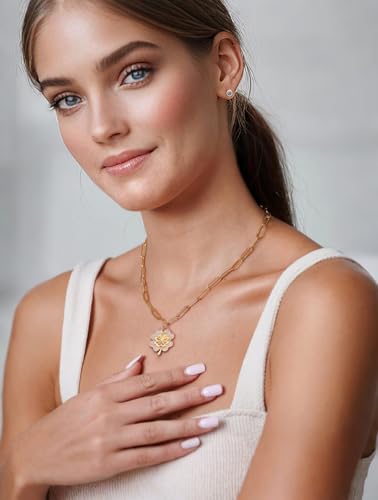 18k Gold Plated Chain Link Necklace for Women, Baroque Pearl/Compass Pendant Necklace - color: Clover