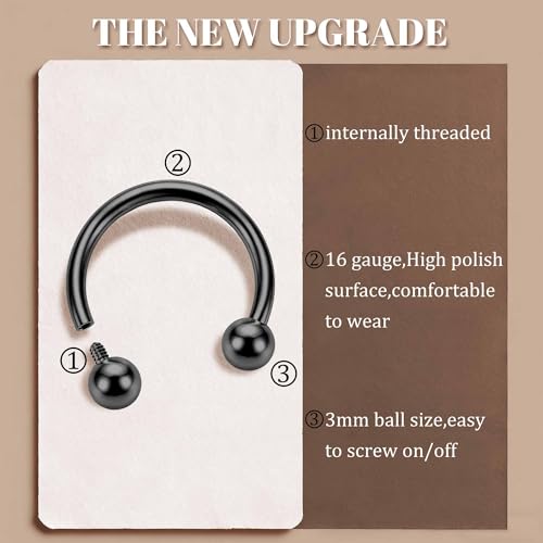 MILACOLATO 2Pcs Implant Grade Titanium Septum Rings for Women Men 16G | G23 Solid Titanium Internally Threaded Horseshoe Circular Barbell Piercing Jewelry for Nose Lip Tragus Eyebrow Helix Daith - color: 2pcs-black&steel-16g/12mm