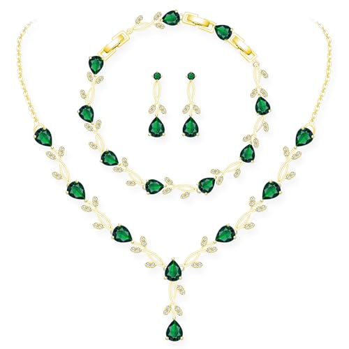 GZWHD Wedding Jewelry Sets for Bride Bridesmaid Women Cubic Zirconia Necklace Earrings Bracelet Set Gift for Mother Friend Wife Daughter Sister Party Prom Jewelry - color: Gold-Green