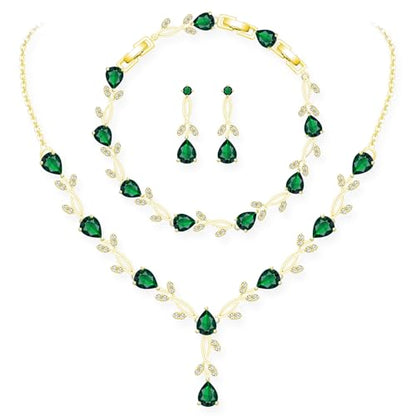 GZWHD Wedding Jewelry Sets for Bride Bridesmaid Women Cubic Zirconia Necklace Earrings Bracelet Set Gift for Mother Friend Wife Daughter Sister Party Prom Jewelry - color: Gold-Green
