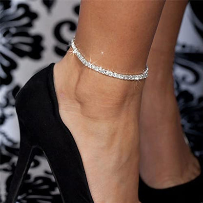 Fesciory Heart Rhinestone Ankle Bracelets for Women, Adjustable Silver Plated Shiny Tennis Anklets, Twinkle Cubic Zircon Imitation Diamond Anklet Foot Chain Jewelry Gifts - color: Single Row Rhinestone