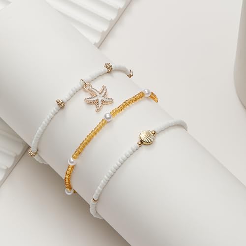 Shell Ankle Bracelet Set for Women Gold Boho Bead Anklets Summer Hawaiian Beach Seashell Pearl Disc Double Heart Starfish Conch Layered Foot Chain Jewelry Adjustable - style: B: Heart