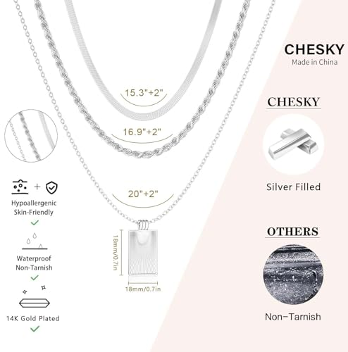 CHESKY Layered Silver Necklace for Women Trendy,Dainty Silver Plated Stackable Charm Necklace Layering Paperclip Tennis Rope Chain CZ Pendant Jewelry Set Gifts - style: Square