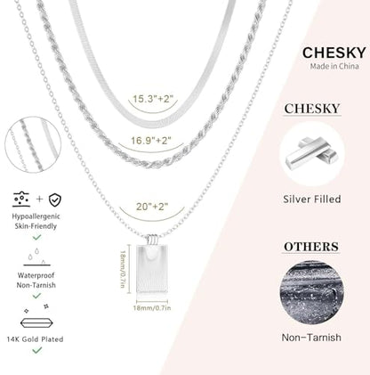 CHESKY Layered Silver Necklace for Women Trendy,Dainty Silver Plated Stackable Charm Necklace Layering Paperclip Tennis Rope Chain CZ Pendant Jewelry Set Gifts - style: Square