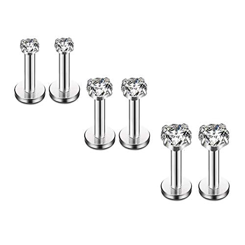 HQLA 16G Diamond CZ Lip Rings Labret Monroe Nose Tragus Helix Ear Piercing Jewelry Surgical Stainless Steel 2/3/4mm CZ 6mm Bar Length 3 Pairs Set - style: 3 Pairs Steel - Bar:6mm; CZ:2-4mm)
