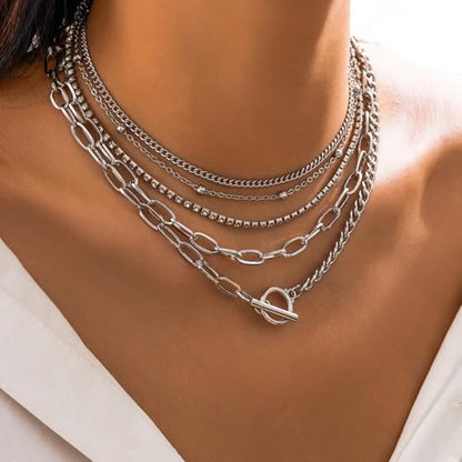 Otxas Layered Gold Necklaces for Women Non Tarnish Chunky Necklace | Stacked Necklaces for Women Heart Pendant Toggle Necklace Paperclip Chain Necklaces for Daily Wear, Party, Gift - style: Style 7