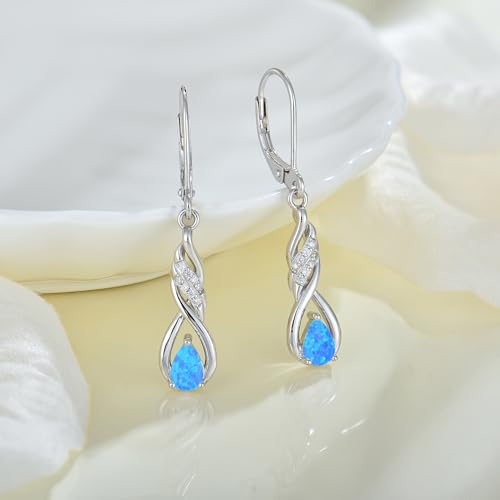 Created Opal Earrings 925 Sterling Silver Leverback Drop Dangle Earrings 5A Cubic Zirconia Jewelry for Women - color: C blue opal