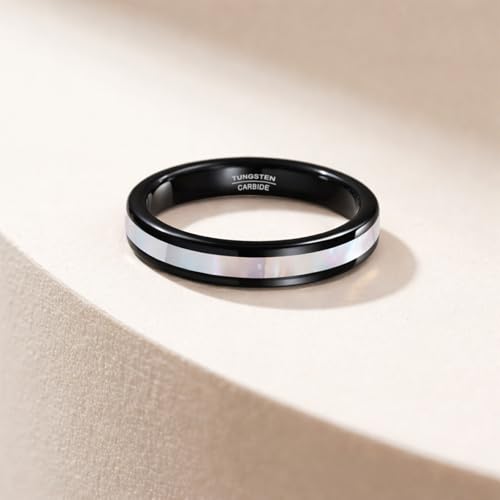 Vakki 4mm 6mm Womens Rose Gold Tungsten Carbide Ring with Mother of Pearl Shell/Marble Inlaid Wedding Band Comfort Fit Size 5-12 - color: E-4mm-Mother of Pearl & Black