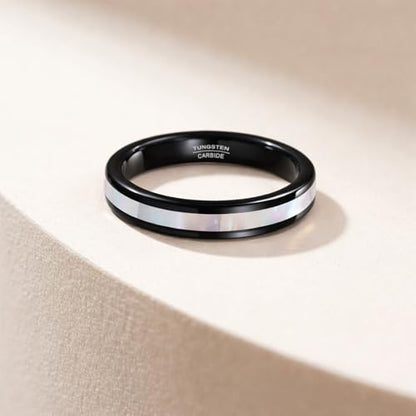 Vakki 4mm 6mm Womens Rose Gold Tungsten Carbide Ring with Mother of Pearl Shell/Marble Inlaid Wedding Band Comfort Fit Size 5-12 - color: E-4mm-Mother of Pearl & Black