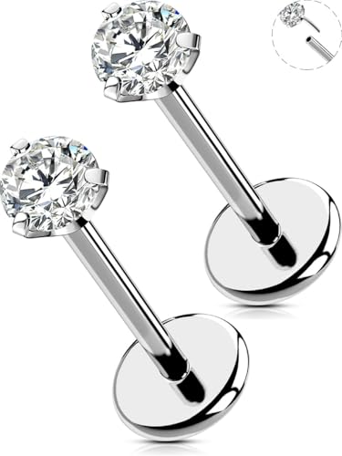 OUFER 2PCS Nose Piercings, G23 Solid Titanium Threadless Nose Rings 20G, Clear Tiny CZ Nose Stud Flat Back Nose Nostril Piercing Jewelry for Women Men - size: 2.5mm CZ_20g 8mm