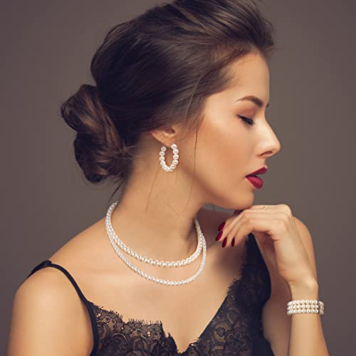 Glenmal Pearl Rhinestone Jewelry Set for Women Pearl Necklace Bracelet Earrings for Wedding Halloween Bridal Shower Tea Party - style: Simple Style