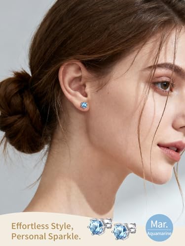 FindChic 2 Carat Birthstone Stud Earrings for Women, Round/Heart/Princess Cut Stud Earrings, Hypoallergenic Studs with 925 Sterling Silver Posts, 12 Months Birthday Jewelry Gift - color: 03. March-Aquamarine(Round Cut )