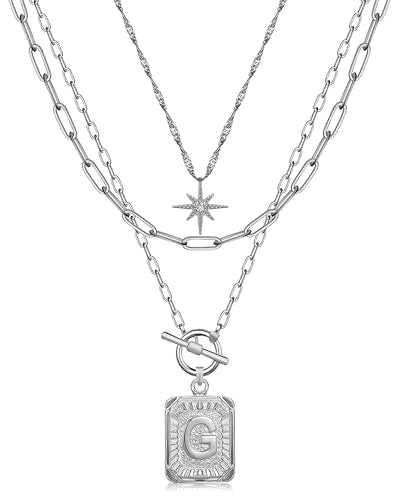 MJartoria Layered Initial Necklaces for Women | 14K Gold Plated Brass, Star Choker, Square Letter Pendant, Paperclip Chain - color: Silver, style: G